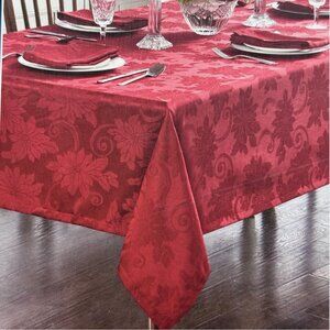 NEW WATERFORD Red Poinsettia Bloom Jacquard Tablecloth 70x144 Formal Christmas